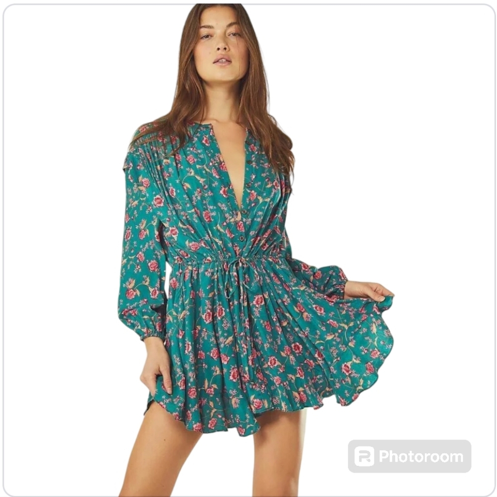 Free People Flower Fields Mini Dress Emerald Green Floral Boho Long Sleeve XS